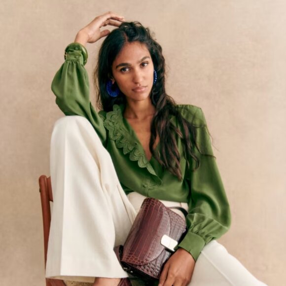 Sézane NWT Chlo Blouse in Olive Green Size 40/US 8 - Picture 2 of 4